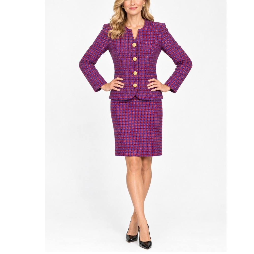 Ann May Woven Silk Skirt Suit 2 Pc Blazer & Midi Skirt Purple Red Gold Button 8
